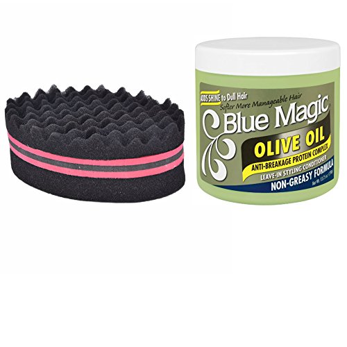Blue Magic Olive Oil Leave-In Conditioner and Double Sided Magic Twist Hair Brush Sponge For Dreads/Coils Bundle