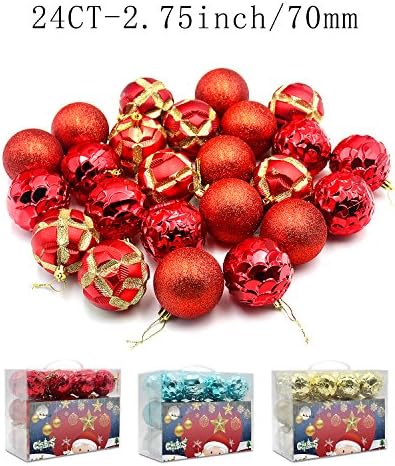 Woowell Christmas Ball Ornaments 2.75"/70mm large Shatterproof Christmas tree decoration Bauble Pendants, Red 3-Finish Assorted 24 Counts in Reusable hand-held Gift Package (Red)