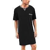 Yukiuiny Men Summer Short Sleeve Nightshirt Knee Length Nightgown Cotton Sleep Shirt Lounge Wear With Chest Pocket