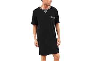 Yukiuiny Men Summer Short Sleeve Nightshirt Knee Length Nightgown Cotton Sleep Shirt Lounge Wear with Chest Pocket