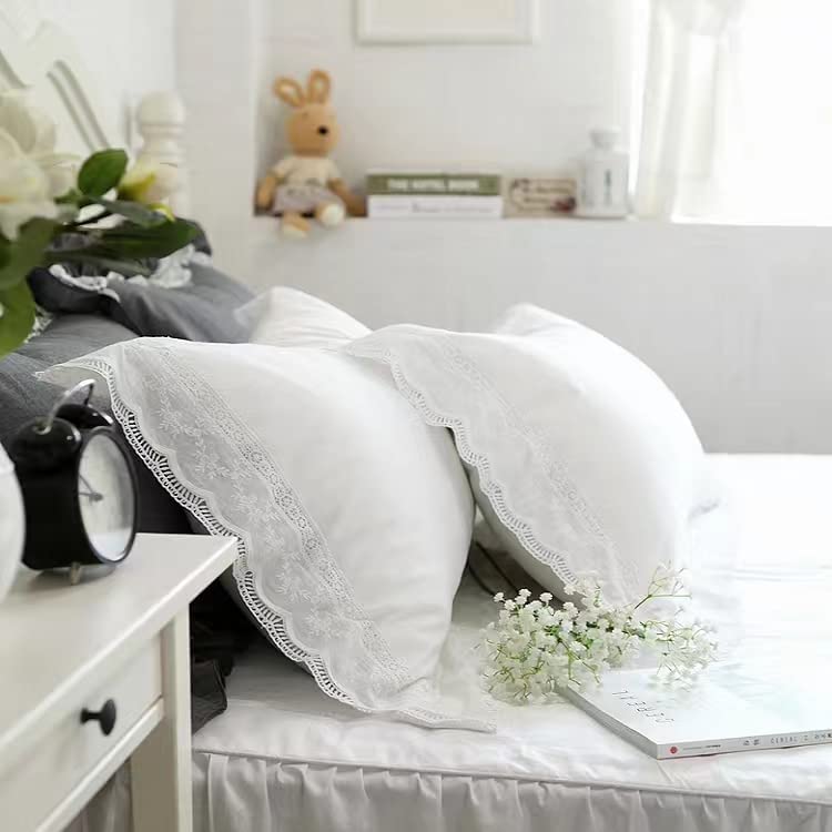 Meaning4 White Lace Pillowcases Standard Queen Size Pure Cotton for Bed 2 Pieces (20"x30") 50X75cm