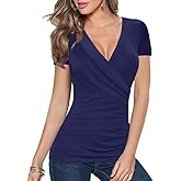 Afibi Women's Deep V Neck Short Sleeve Unique Slim Fit Cross Wrap Shirts Blouse Tops