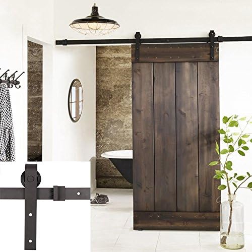 Esright 8FT Brown Basic Wood Barn Door Steel Antique Style Sliding Hardware Track Set Coffee