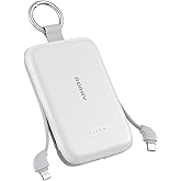 RORRY Portable Charger, 10000mAh PD 30W Fast Charging Portable Charger Power Bank with Built-in Cables, Travel Keychain Charger Battery Pack for iPhone 17/16/15/14/13/12, for AirPods 2/3/4/Pro, White