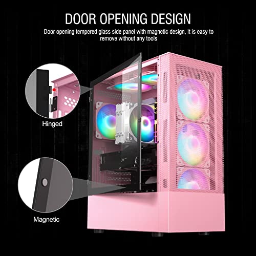 Vetroo A03 Pink Mid-Tower ATX Gaming PC Case, Pre-Installed 3X
