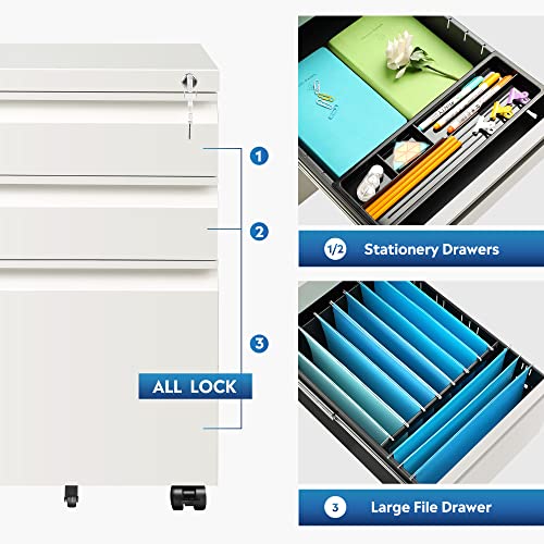 DEVAISE 3 Drawer Mobile File with Lock, Metal Filing