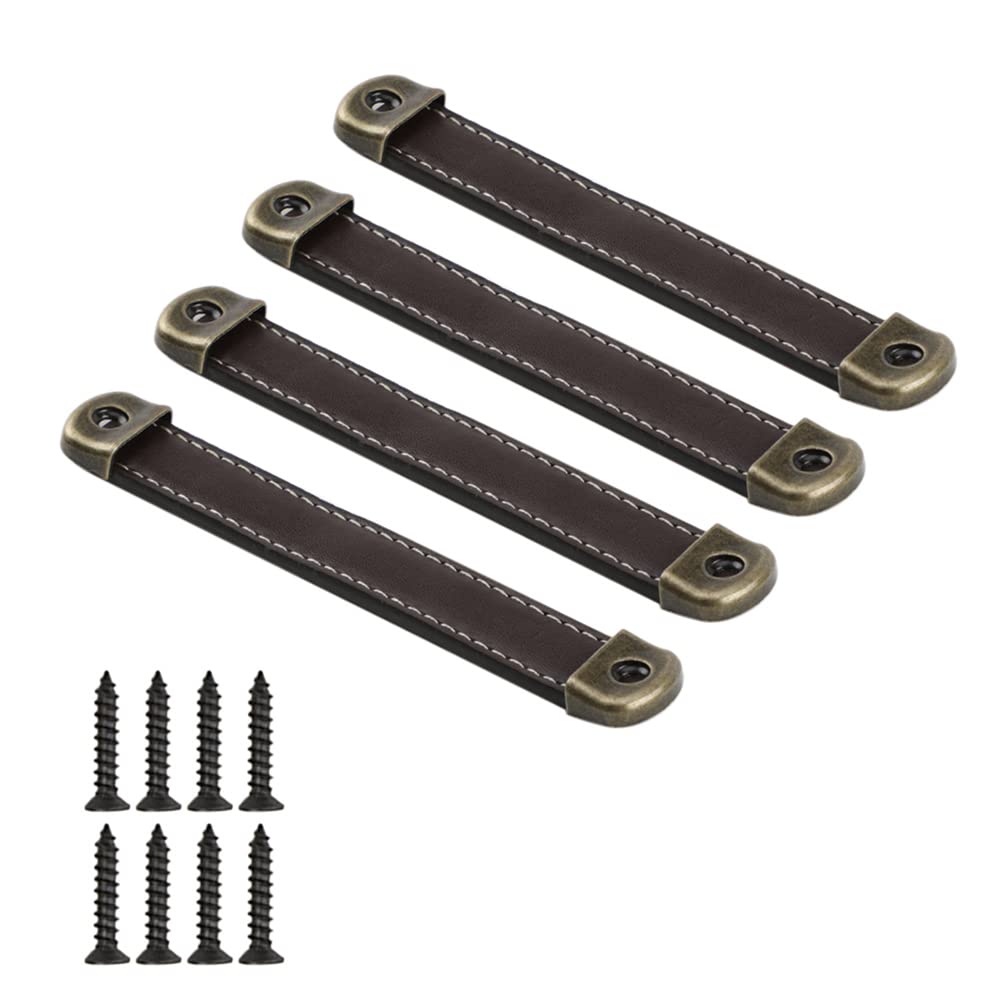 CONPHERON 4 Pcs Vintage Leather Handles Furniture Kitchen Drawer Pull Cabinet Door Handle Retro Handmade Leather Handles for Cupboard Pulls Drawer Knobs 128mm