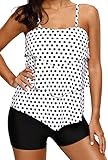 Aleumdr Womens Spaghetti Straps Ruffle Polka Dots Tankini Top Set Swimsuits Shortini Swimwear with Swim Shorts Plus 2xl Size Black White