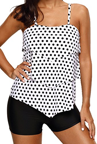 Aleumdr Womens Spaghetti Straps Ruffle Polka Dots Tankini Top Set Swimsuits Shortini Swimwear with Swim Shorts Plus XL Size Black White