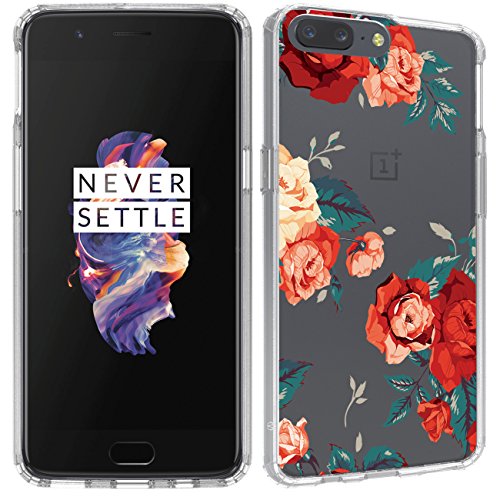 Oneplus 5 Case, SWODERS Flower Clear Design Shock Absorbing TPU + Hard PC Bumper Case For Oneplus 5 - Red