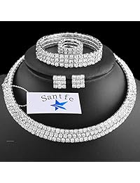 Santfe Conjunto de joyas, gargantilla, aretes, pulsera y aros con estrás de cristal