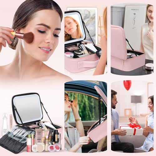 26cm Estuche de Maquillaje con Espejo Iluminado, Bolsa de Maquillaje de Viaje con Espejo LED Desmontable, Tres modos de luz ajustables, con mini espejos plegable, 2 Mini Esponjas De Maquillaje (Rosa)