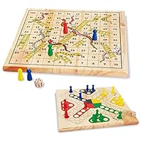 ZONXIE Wooden Classic Snakes and Ladders Board Game Traditional Children Fun Game for Kids Toddlers