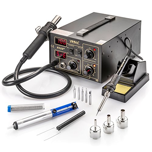 Genuine Yihua Model #852D+ "2 In 1" Digital Hot Air Rework Soldering Station with Soldering Iron Holder, 6 Asst Solder Tips, 3 Hot Air Nozzles, Tube of SN60/PB40 Solder, Solder Sucker Pen & IC Popper