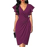 oten Womens Deep V Neck Ruffle Sleeve Sheath Casual Cocktail Party Work Faux Wrap Dress