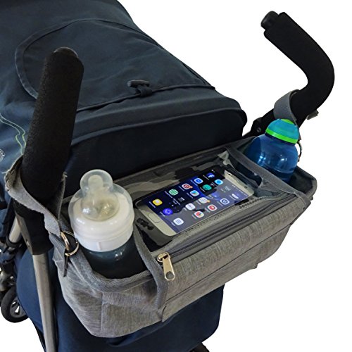 BEST Grey STROLLER ORGANIZER Plus 2 x FREE Stroller Hooks & WATERPROOF Cover. UNIVERSAL Fitting For ALL Strollers Plus Exclusive Phone-Flip-Pocket Cell Phone Holder. Must Have Stroller Accessory - Thumbnail 3