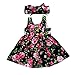 GRNSHTS Baby Girls Flower Print Buttons Ruffles Dress with Headband (Black, 6-12 Months)