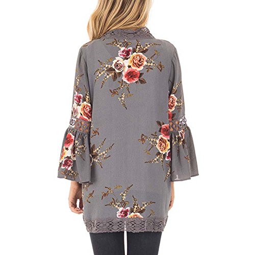 Women Lace Floral Open Cape Casual Coat Loose Blouse Kimono Jacket Cardigan Sweater Gray