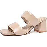 SICARE Women's Heeled Sandals Square Open Toe Two Strap Block Chunky Heels for Women Slip On Mules Sandals Black Nude White Strappy Heels for Women Dressy Wedding Party