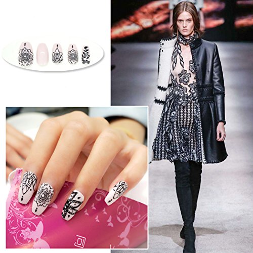 Yean Coffin False Nails Pink Flower 24Pcs/Set Fake Nails Full Cover Medium Long Stilleto with Design Nail Tips Press on Nails with Glue and Adhesive Tab for Women and Girls