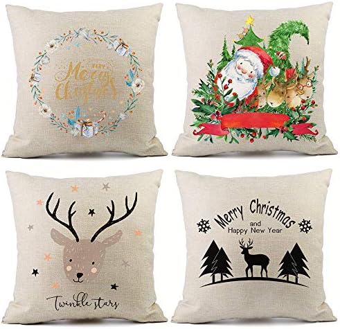 Redland Art Merry 4 Pack, Christmas Pattern Christmas Tree,Christmas Deer,Santa Claus,Christmas Flower Sofa Decorative Cotton Linen Throw Pillow Case Cushion Covers 18 X 18 Inch