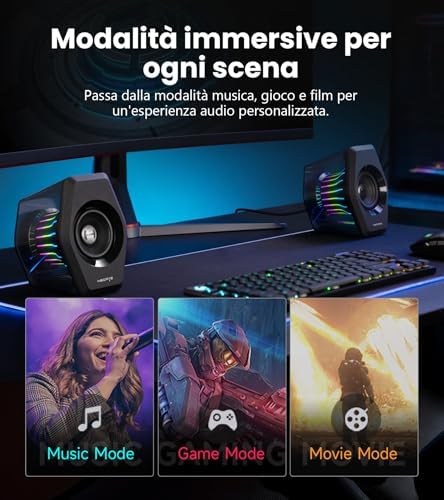 G2000 Pro Casse Gaming 2.0 RGB da 32W RMS / 64W Picco, Sincronizzazione Luci TempoFlow™ a 270°, Suono Surround Virtuale 7.1 - Bluetooth 5.4 / USB-C/AUX per PC, PS5 (Nero)