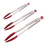 Stainless Steel Silicone Kitchen Tongs,Set of 3 - 7, 9, 12 Inch Heavy Duty ,KEKU Non-stickTongs for Barbeque, Cooking, Grilling Turner - A Serving and Feeding Set for Your Kitchen Collection,RED