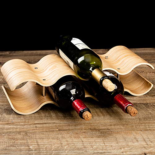 Asian Home 7 Bottle 2-Tier Wave Desktop Wine Rack Freestanding Countertop Bottle Holder for Wine Storage, Wood, Modern and Minimalist