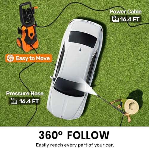 Pressure Washers 1800W 140Bar, Jet Washers Pressure Washers with Hose Reel Adjustable Nozzles & Foam Tank Power Cord, Portable Power Washer for Yard, Cars, Garden, Furniture.