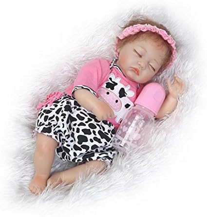Reborn 16" Realistic Sleeping Baby Girl Doll with Stunningly Lifelike Silicone Features, Groomable Hair and a Cute Cow Outfit by Elane