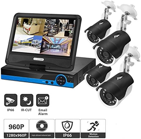 Home Security Camera System, 4CH 960p AHD Video Security System DVR and 4 Indoor/Outdoor Weatherproof Surveillance Cameras with 100ft IR Night Vision LEDs (with Display Screen, No HDD)