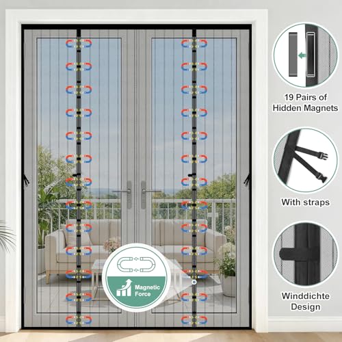Moustiquaire Porte Magnetique,250x212cm Moustiquaire Baie Vitrée Coulissante,Aimantée Double Ouverture Latérale,Fermeture Automatique,Sans Perçage,Anti-moustiques pour Entree Balcon Salon Veranda