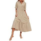 chouyatou Women's Summer Boho Embroidery Eyelet Dress V-Neck Collared Tiered Midi Tunic Dress