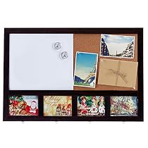 Wall Mounted Dark Brown Wood Whiteboard / Cork Pushpin Memo Board / 4 Hook Rack / 4 Picture Frame Set