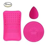 TailaiMei Makeup Brush Cleaning Mats, 1 Mini Makeup Brush Cleaner mat, 1 Cosmetic Brushes Cleaning Plate Portable Washing Tool and 1 Sponge Blender,Silicone Brush Scrubber for Face and Eye Brush(Pink)