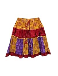 Mogul Womens Skirts Bohemian Yellow Paisley Printed Patchwork Cotton Crinkle Skirt S