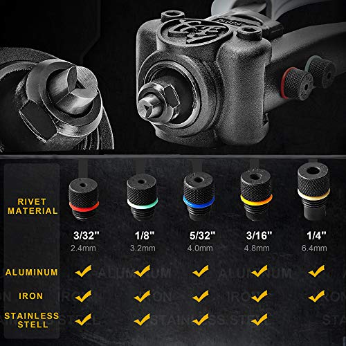 AECCN Rivet Gun - 10.5'' Heavy Duty Hand Riveter Gun Kit with 5 Interchangable Color-Coded Heads | 5 in 1 Pop Rivet Gun with 50-Piece Rivets | FO-6001C
