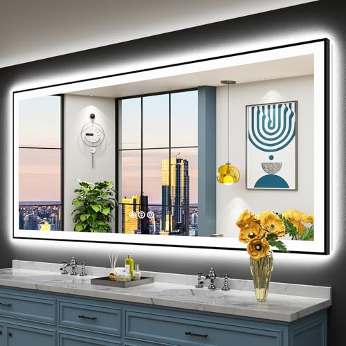 AWANDEE LED Bathroom Mirror Black Framed 3 Colors Dimmable