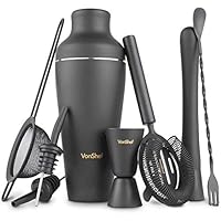 VonShef Matte Black Parisian Cocktail Shaker Set in Gift Box with 17oz Shaker, Muddler, Bar Spoon, Jigger, Hawthorne Strainer, Julep Strainer, Bottle Pourers and Recipe Book