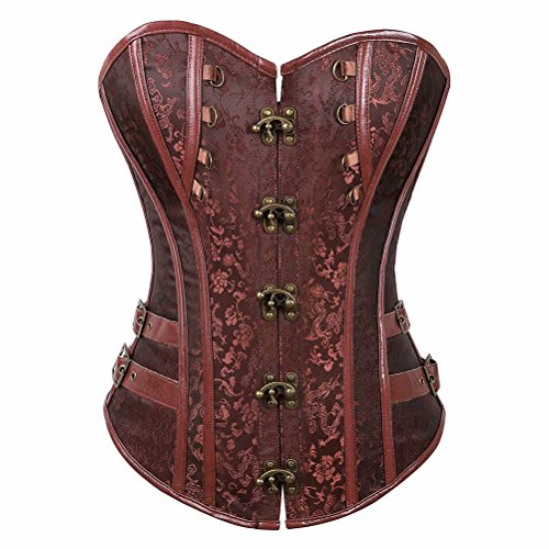 jutrisujo-Corsetto-Steampunk-Donna-Pelle-Bustino-Corpetto-Sexy-Gothic-Halloween-Pirata-Top-Pirata-Halloween-Marrone