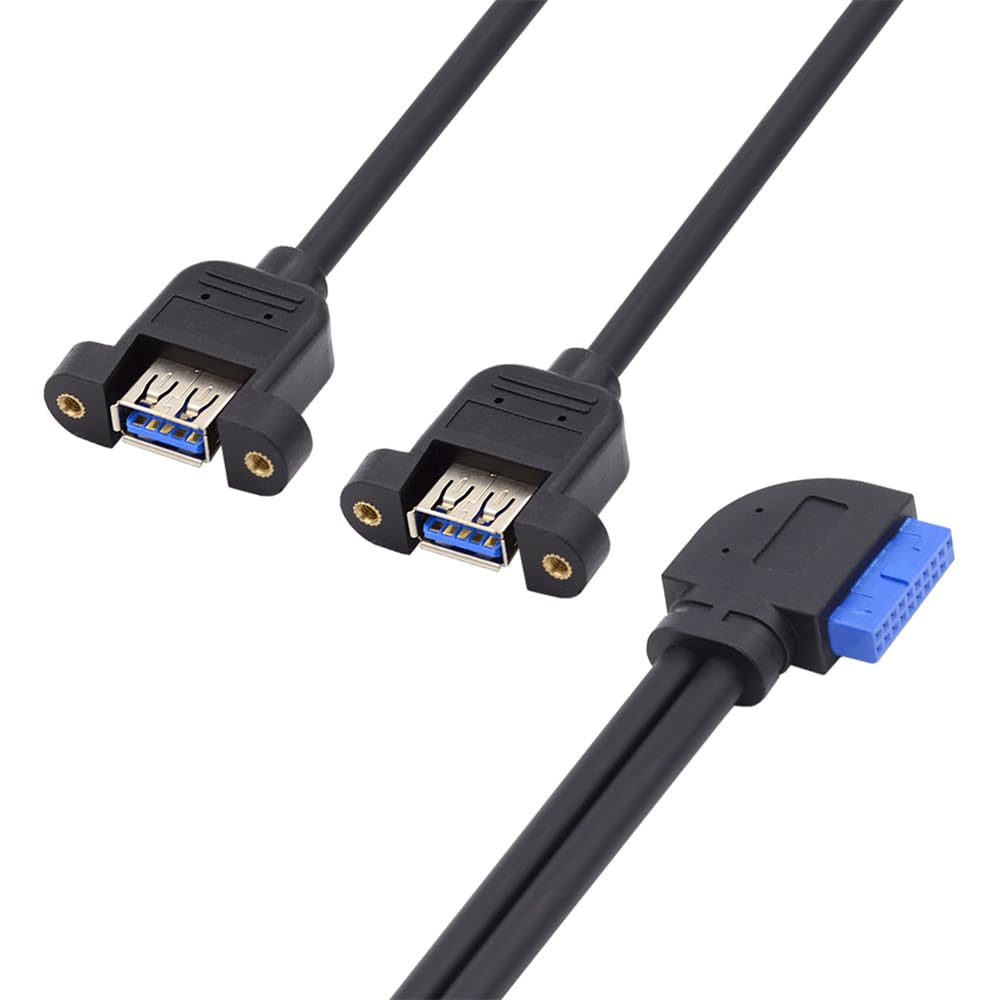 NFHK Left Angled 19/20Pin Header to USB 3.0 Dual Ports Female Screw Mount Type Cable 90 Degree 5Gbps
