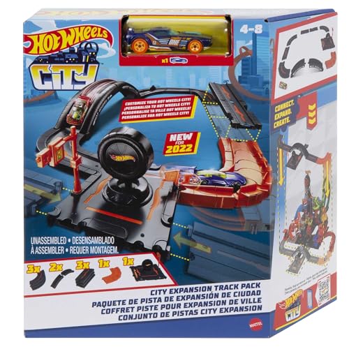 Hot Wheels - Pack di Espansione della City, set da 10 pezzi con base per pista e pezzi per costruire una destinazione urbana, macchinina Hot Wheels inclusa, giocattolo per bambini, 4+ anni, HDN95