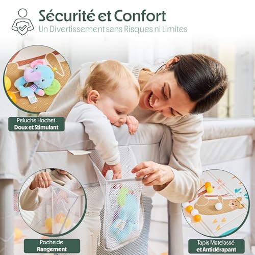 Akeraq Baby Playpen 150 x 150 cm, Padded Playpen with Reversible Mat, Sensory Rattle Plush, Coloured Balls and Support Rings | Sensory rattle plush · exclusive design reversible mat · 4 handles · colorful balls · carry bag | AKERAQ