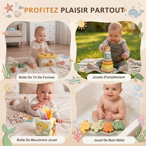 Anook Montessori Toys 6 Months, 5 in 1 Games Early Learning Baby 6-12 Months with Baby Cube, Baby Shape Game, Tissue Box, Montessori Games 6-24 Months for Baby Girl Gift