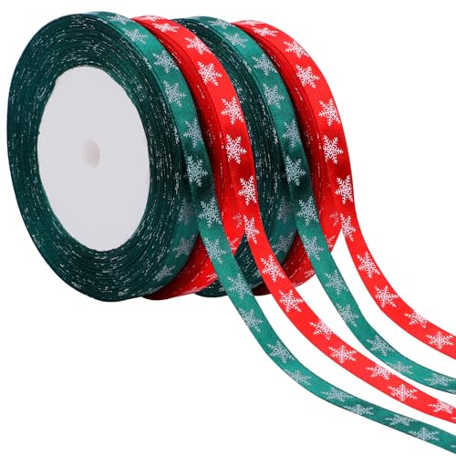 4 Rolls 100 Yards Christmas Snowflake Ribbons for Gift Wrapping, 10mm Wide Red and Green Satin Ribbon for Festival Holiday Party Decorations DIY Crafts