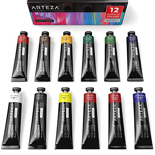 Arteza Expert Acrylic Paint, Set of 12 Colors/Tubes, 75ml/2.53 oz with