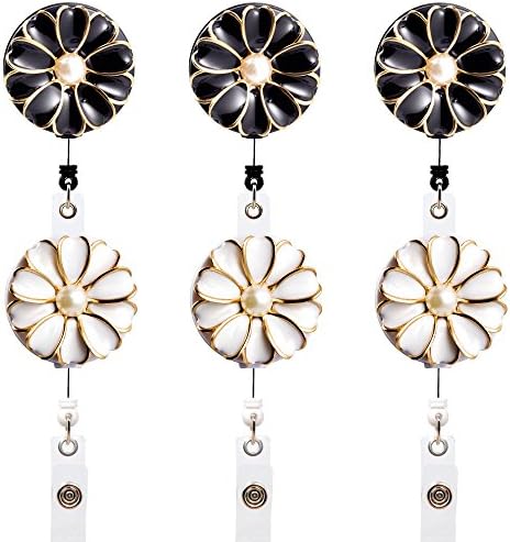 Qinsuee 6 Pack Camellia Badge Holder with Pearl, Retractable ID/Name Badge Reel, Swivel Alligator Clip (3Black&3White)