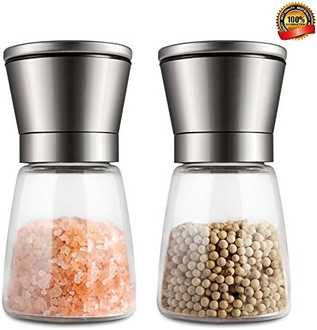 PURYFINE Premium Brushed Stainless Steel Salt and Pepper Grinder (Set of 2), Salt and Pepper Mill Set with Special Thickening Glass Body and 5 Grade Adjustable Ceramic Rotor (6Oz)