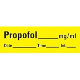 PDC Healthcare AN-27 "Propofol mg/mL" Removable Anesthesia Tape with Date, Time and Initial, 1" Core, 1/2" Width, 500" Length, Yellow
