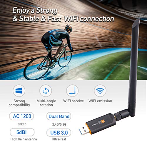WiFi Adattatore USB 3.0 AC 1200 Mbps WiFi doppia banda 2.4G/5GHz, Antenna WiFi Dual Band per PC Desktop Portatile Tablet, Sistemi operativi Windows XP/Vista/7/8/10, Linux, Mac OS X